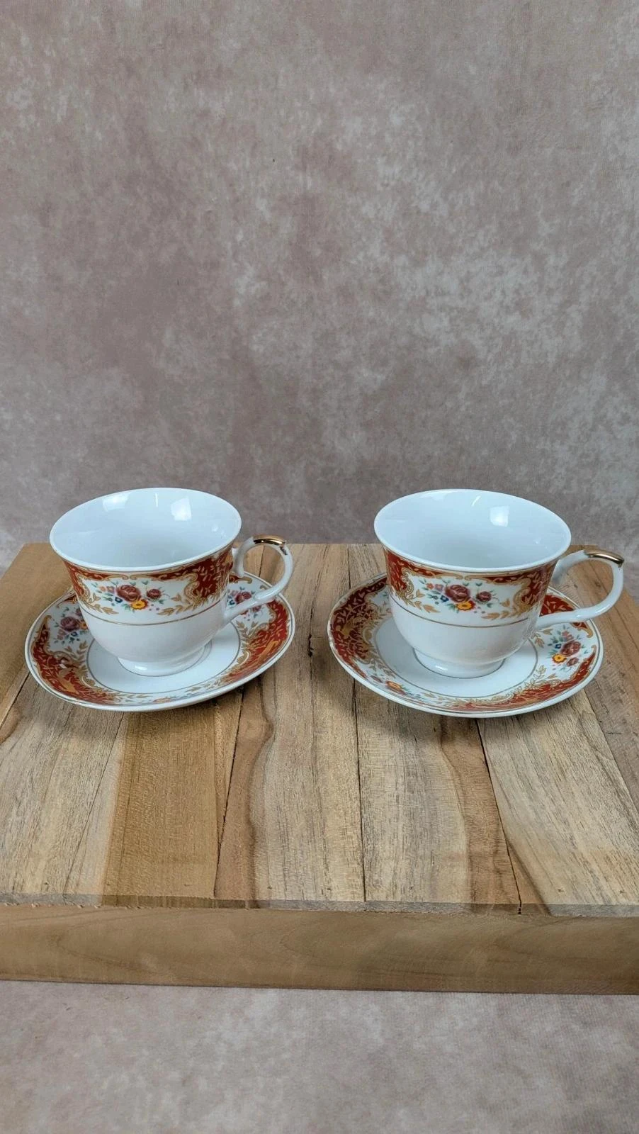 Lote de 2 tazas + platillos vintage decoración rojo y dorado estilo clásico – photo 2